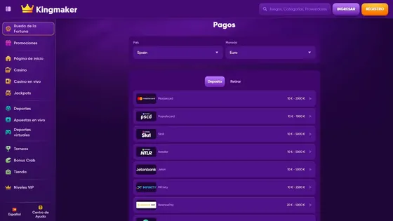 Los métodos de pago disponibles en Kingmaker
